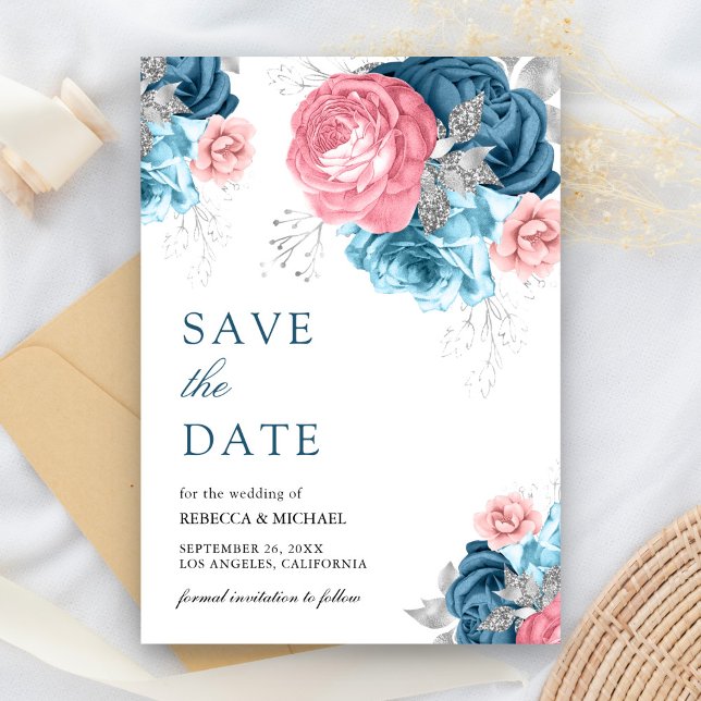 Dusty Blue Pink Floral Rose Wedding Save The Date (Creator Uploaded)