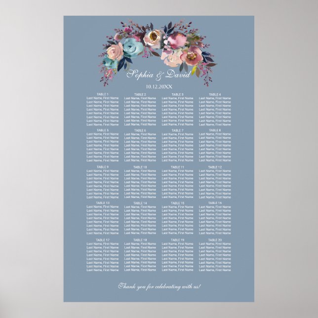 Dusty Blue Pink Floral Seating Chart 160 guests (Front)