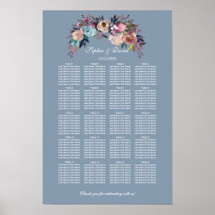Dusty Blue Pink Floral Seating Chart 160 guests