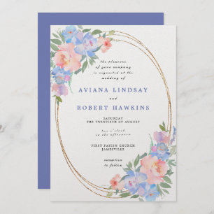 Dusty Blue Pink Floral Watercolor Wedding Invitation