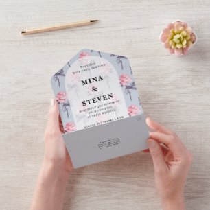 Dusty Blue Pink Floral wedding  All In One Invitation