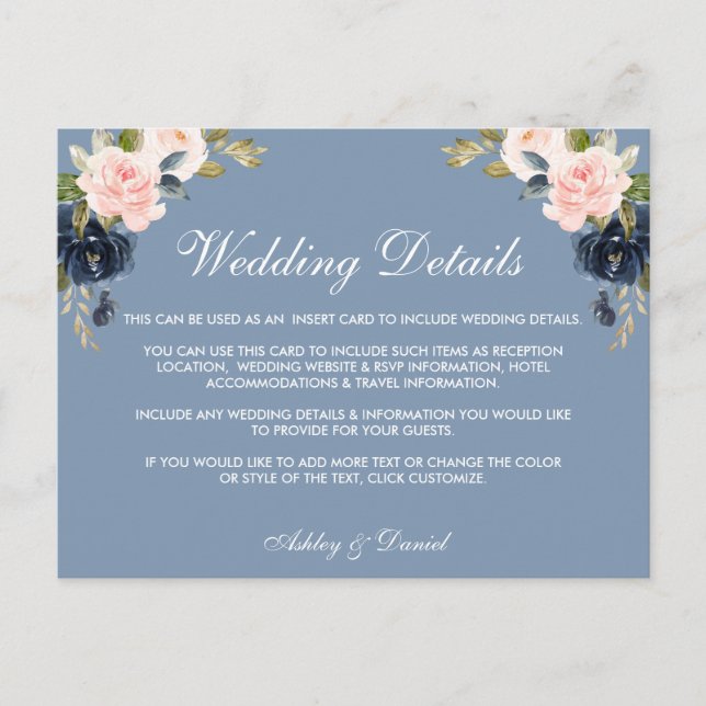 Dusty Blue Pink Floral Wedding Details Insert Card (Front)