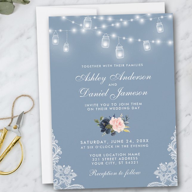 Dusty Blue Pink Floral Wedding Lace Lights Invitation (Customize to add more text or photos to back of card.)