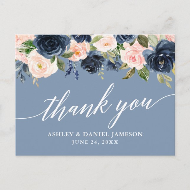 Dusty Blue Pink Floral Wedding Thanks Postcard (Front)