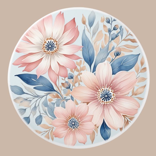 Dusty Blue Pink Flowers Beige Boho Floral Ceramic Knob (Creator Uploaded)