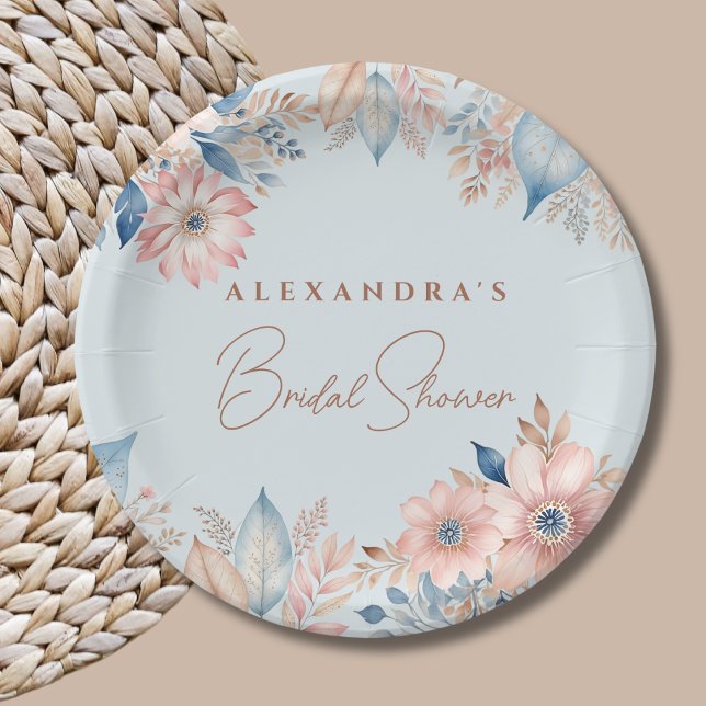 Dusty Blue Pink Flowers Boho Chic Bridal Shower Paper Plate (Creator Uploaded)