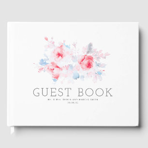 Dusty Blue Pink Flowers Elegant Botanical Wedding Guest Book