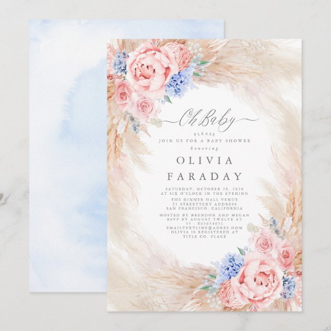 Dusty Blue Pink Flowers Pampas Grass Baby Shower Invitation (Front/Back)