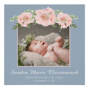Dusty Blue Pink New Baby Girl Shower Nursery Post Poster