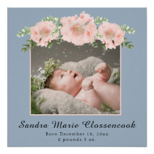 Dusty Blue Pink New Baby Girl Shower Nursery Poster