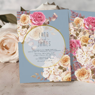 Dusty Blue Pink Peach Floral Wedding Invitation