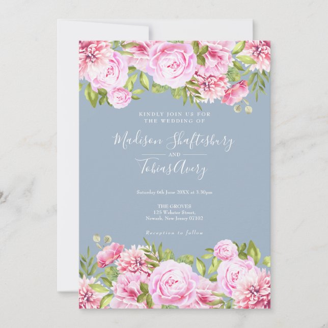 Dusty Blue Pink Peony Greenery Floral Wedding Invitation (Front)