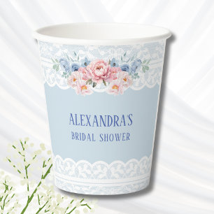 Dusty Blue Pink Peony Romantic Lace Bridal Shower Paper Cups