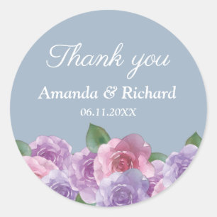 Dusty Blue Pink Purple Floral Wedding Thank You Classic Round Sticker