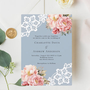 Dusty blue pink rose florals lace luxury wedding invitation
