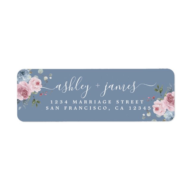 Dusty Blue Pink Rose Return Address Label (Front)