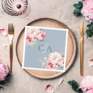 Dusty blue pink roses florals monogram wedding napkin