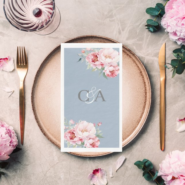 Dusty blue pink roses florals monogram wedding napkin (Creator Uploaded)