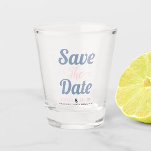 Dusty blue pink typography and names Save the Date Shot Glass