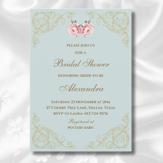 Dusty Blue Pink Vintage Floral Bridal Shower Invitation