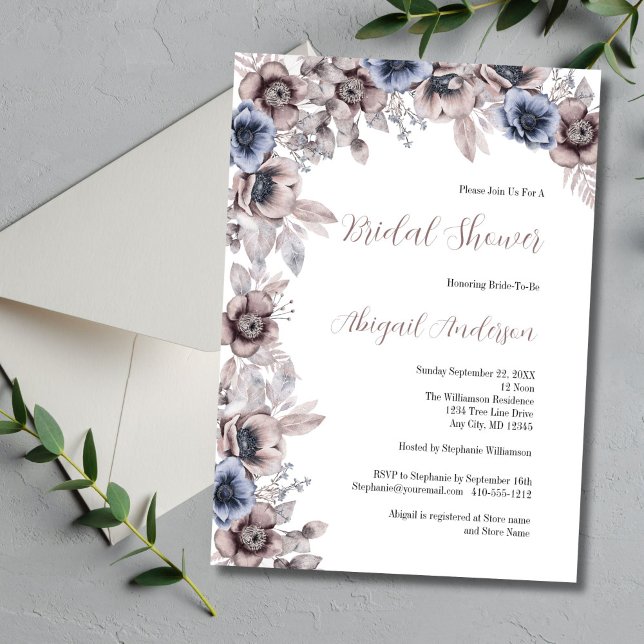 Dusty Blue Pink Watercolor Florals Bridal Shower Invitation (Dusty Pink and Blue Watercolor Florals Bridal Shower Invitation)