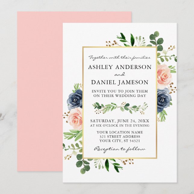 Dusty Blue Pink Watercolor Roses Greenery Wedding Invitation (Front/Back)