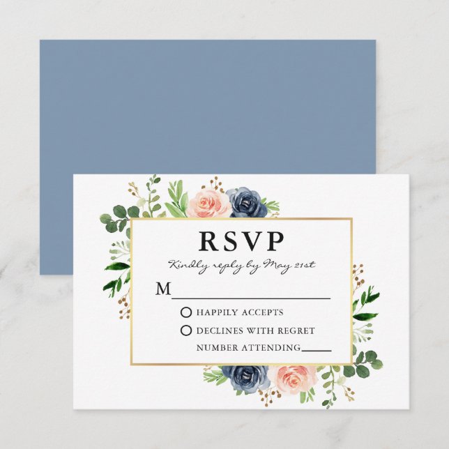 Dusty Blue Pink Watercolor Roses Greenery Wedding RSVP Card (Front/Back)