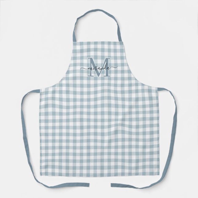 Dusty Blue Plaid Apron with Monogram & Name (Front)