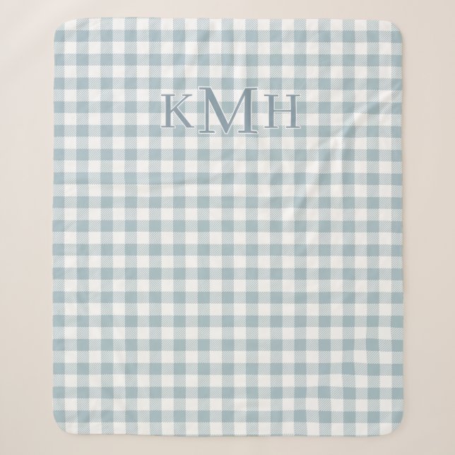 Dusty Blue Plaid Country Monogram Sherpa Blanket (Front)