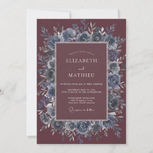 Dusty Blue Plum Watercolor Floral Wedding Invitation