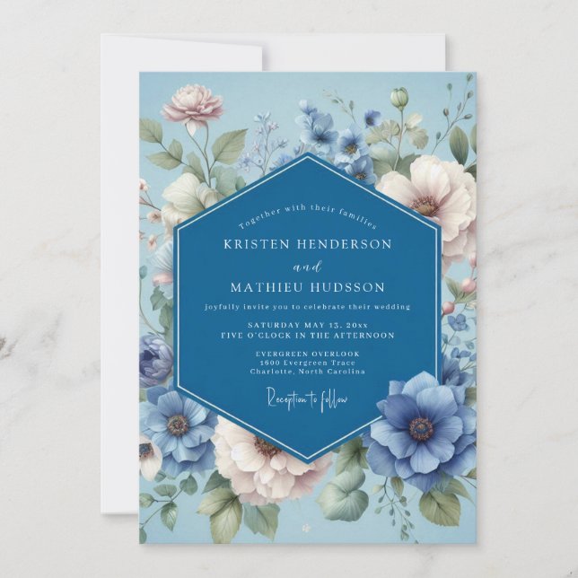 Dusty Blue Poetic Flora Wedding Invitation (Front)