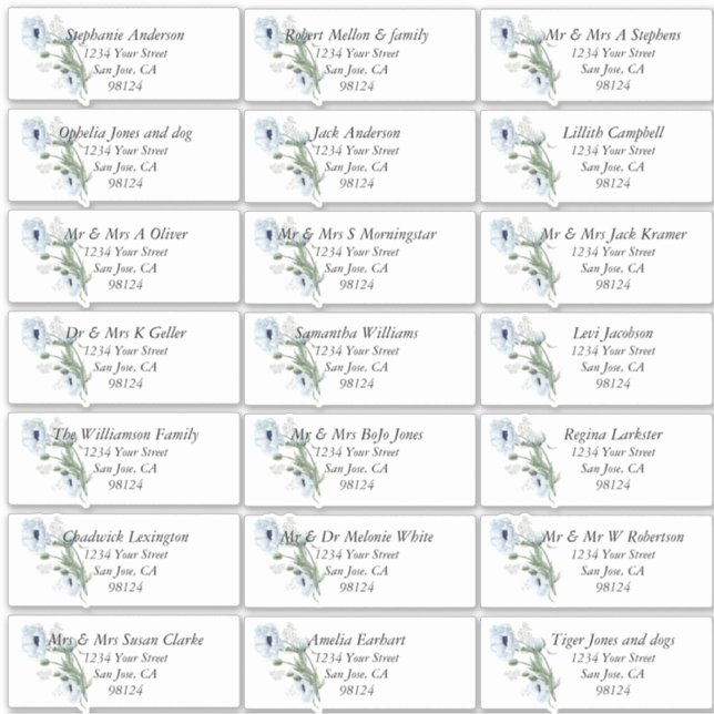 Dusty Blue Poppies  Guest Name Address Labels (Front)