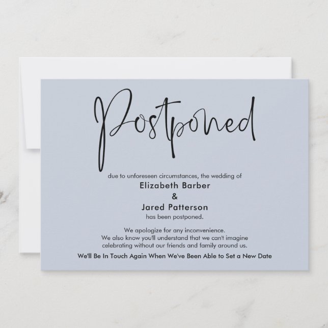 Dusty Blue Postponed Wedding Announcement Card (Front)