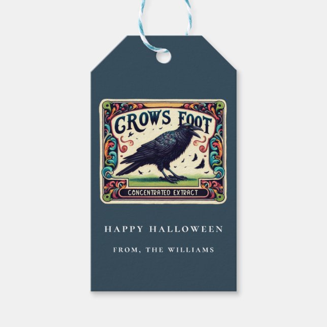 Dusty Blue Potion Halloween Black Crow Gift Tag (Front)