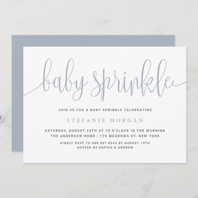 Dusty Blue Pretty Calligraphy Baby Sprinkle Invitation (Front/Back)