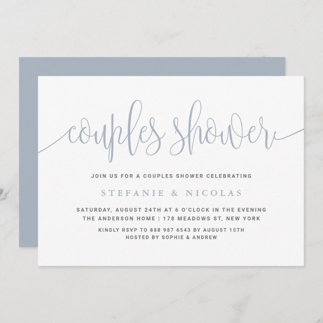 Dusty Blue Pretty Calligraphy Couples Shower Invitation (Front/Back)