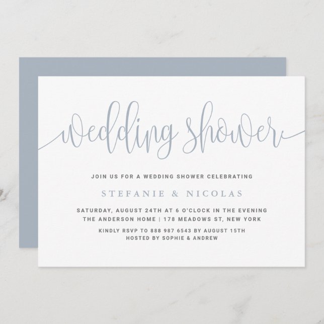 Dusty Blue Pretty Calligraphy Wedding Shower Invitation (Front/Back)