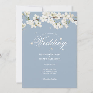 Dusty Blue Pretty Floral White Blossom Wedding Invitation