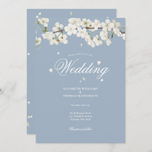 Dusty Blue Pretty Floral  White Blossom Wedding Invitation
