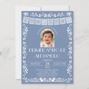 Dusty Blue Primer Añito Boy Photo Invitation