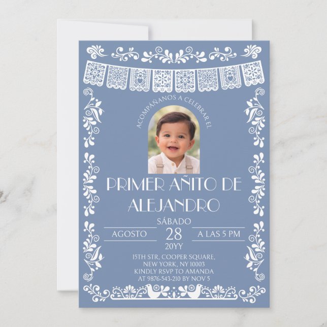 Dusty Blue Primer Añito Boy Photo Invitation (Front)