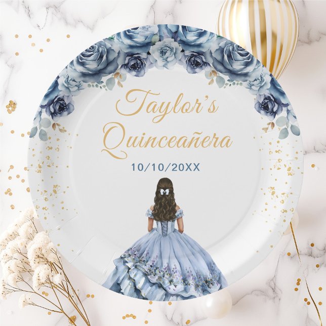Dusty Blue Princess Floral Quinceañera Paper Plate (Creator Uploaded)