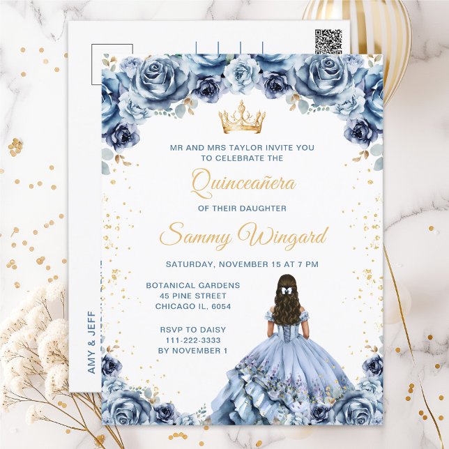 Dusty Blue Princess Floral Quinceañera Postcard (Creator Uploaded)