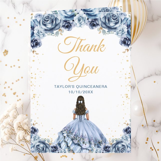 Dusty Blue Princess Floral Quinceañera Thank You Card (Creator Uploaded)