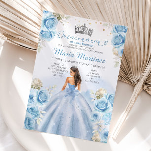 Dusty Blue Princess Floral Silver Quinceañera Invitation