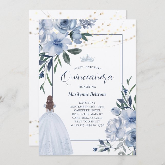 Dusty Blue Princess Quinceañera Invitation (Front/Back)