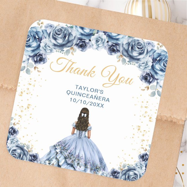 Dusty Blue Princess Quinceañera Thank You Square Sticker (Creator Uploaded)