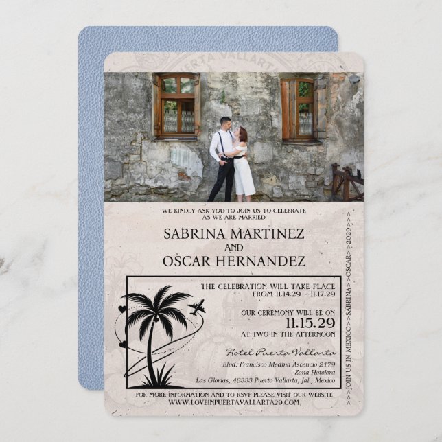 Dusty Blue Puerta Vallarta Passport Wedding Invitation (Front/Back)