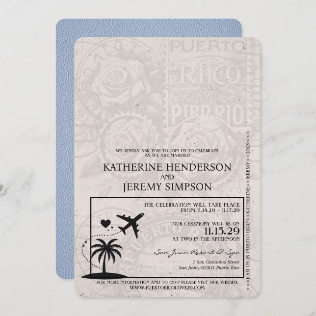Dusty Blue Puerto Rico Passport Wedding Invitation (Front/Back)