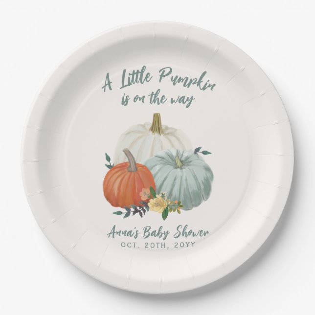  Dusty Blue Pumpkin Baby Shower Paper Plate (Front)